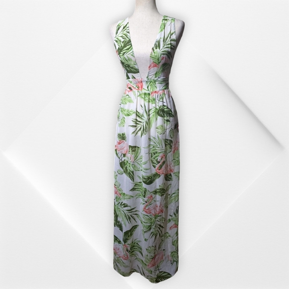 Boohoo Green White&Pink Tropical Vacation Cruise Pool Beach CoverUp Maxi Dress,S - Picture 7 of 13